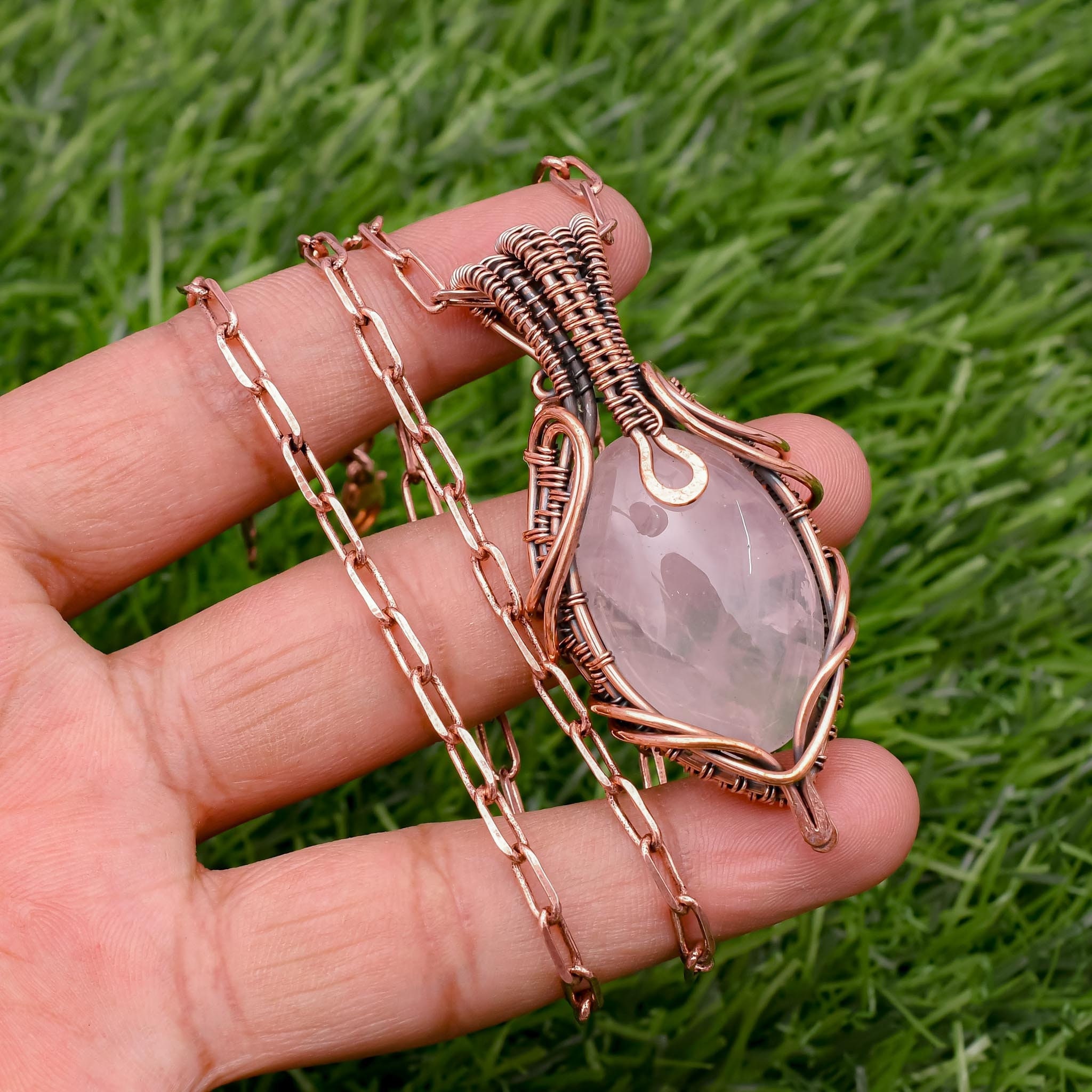Handmade Rose Quartz Pendant Necklace: Copper Wire Wrapped Jewelry