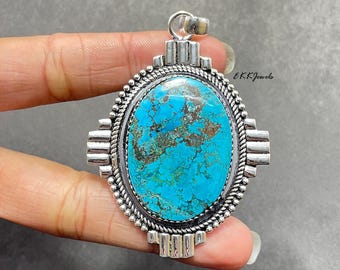 Turquoise Gemstone 925 Sterling Silver Pendant Necklace: Handmade