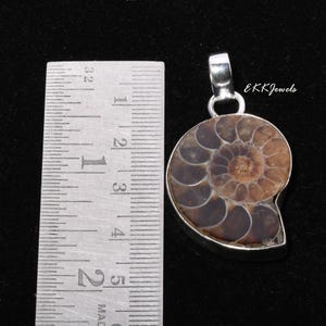 Puede incluir: Un colgante de f&oacute;sil de amonita en espiral marr&oacute;n y bronceado engastado en un marco de metal plateado con una anilla, colocado junto a una regla de metal que muestra una altura de unos 3,8 cm para la pieza f&oacute;sil, etiquetado EKKJewels.