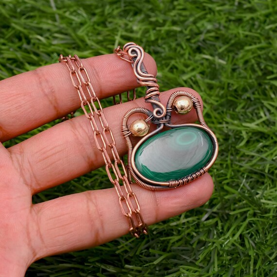 Handmade Malachite Pendant Necklace: Copper Wire Wrapped Cat