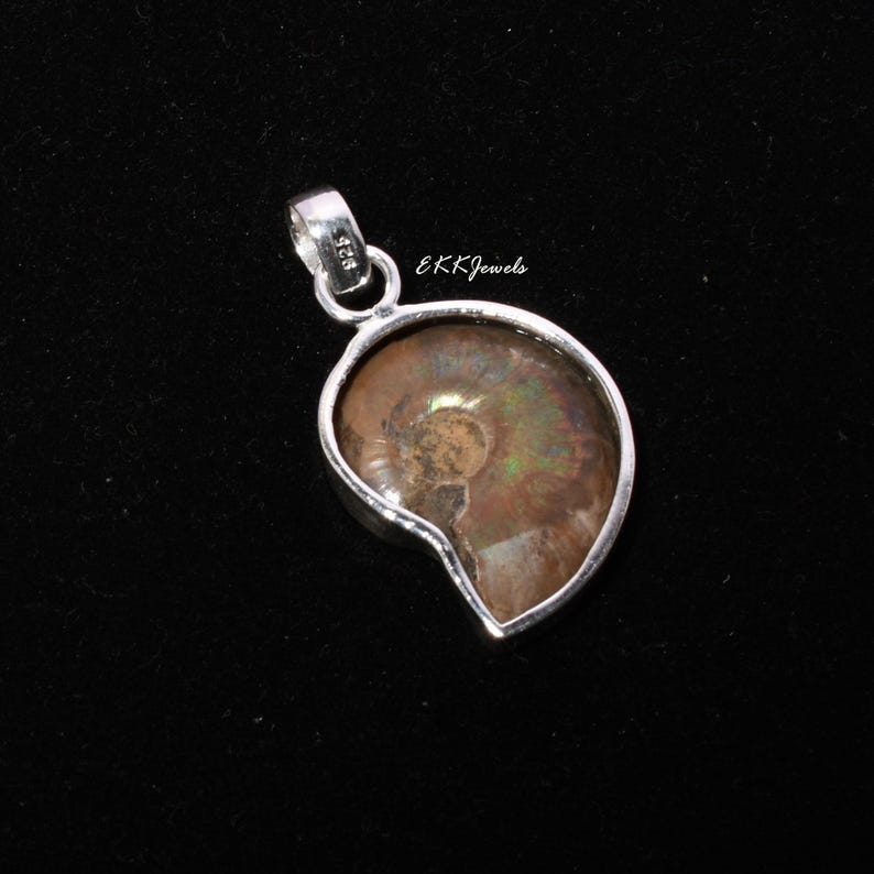 Puede incluir: Un colgante de plata con un f&oacute;sil de ammonite marr&oacute;n en forma de espiral con reflejos iridiscentes verdes y dorados. El engaste de metal tiene el sello 925 y el texto EKKJewels es visible cerca de la parte superior del colgante.