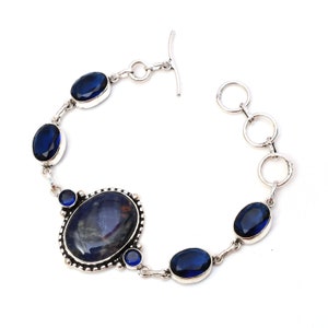 Handmade Sodalite & Lab Sapphire 925 Sterling Silver Bracelet