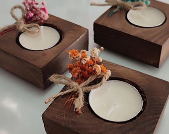 Rustic Wood Tealight Holder with Dried Flowers, Bridesmaid Favor (50 pcs.)