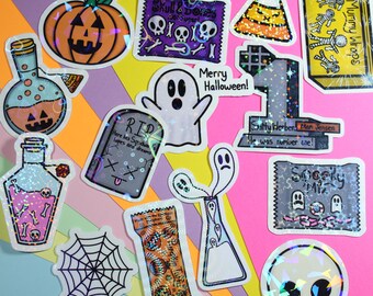 Mysterieus holografisch vrolijk Halloween, kawaii-stickerpakket van 14!