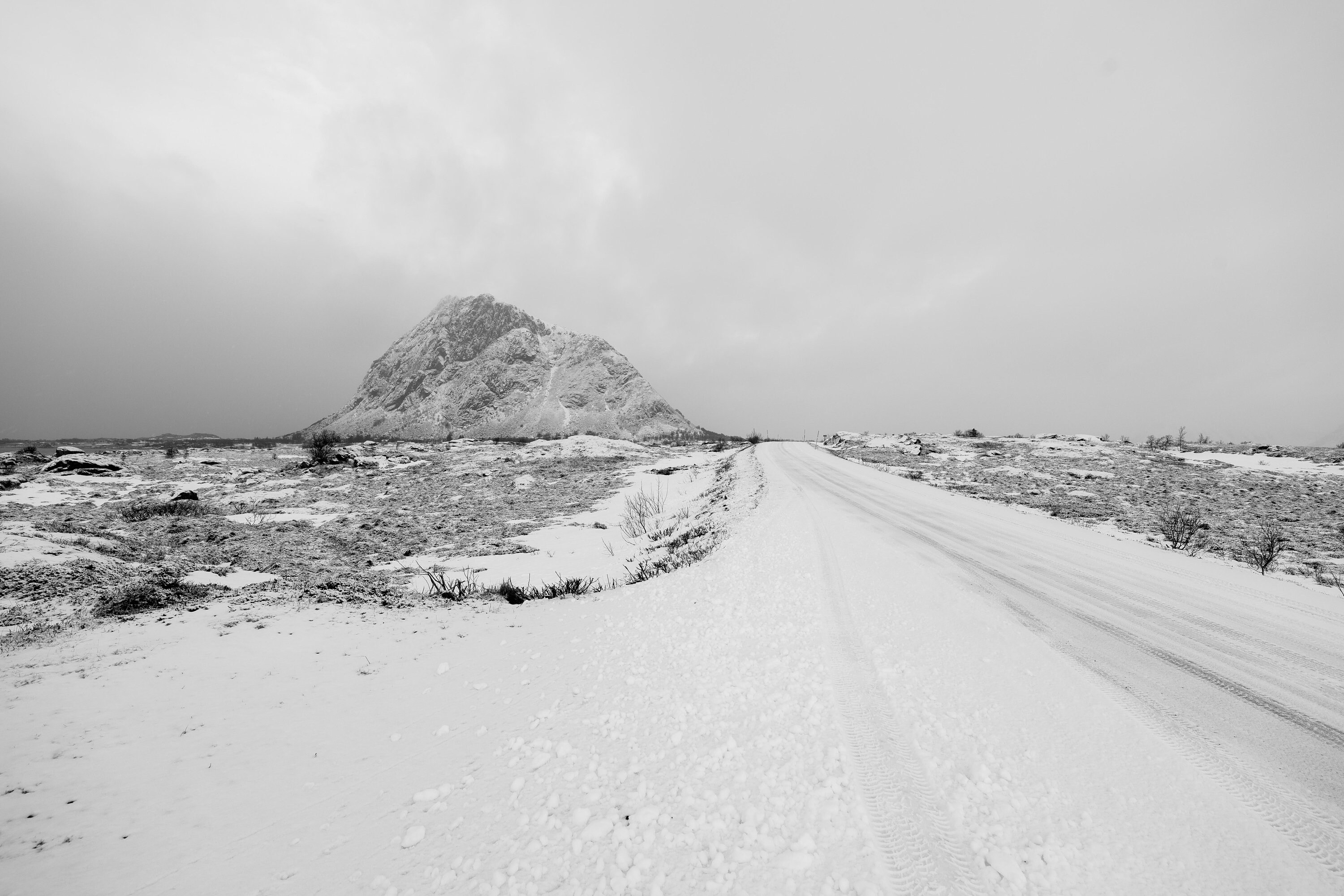 Route Enneigée, Lofoten, Norvège, Cadre Bois, Caisse Américaine, Dibond