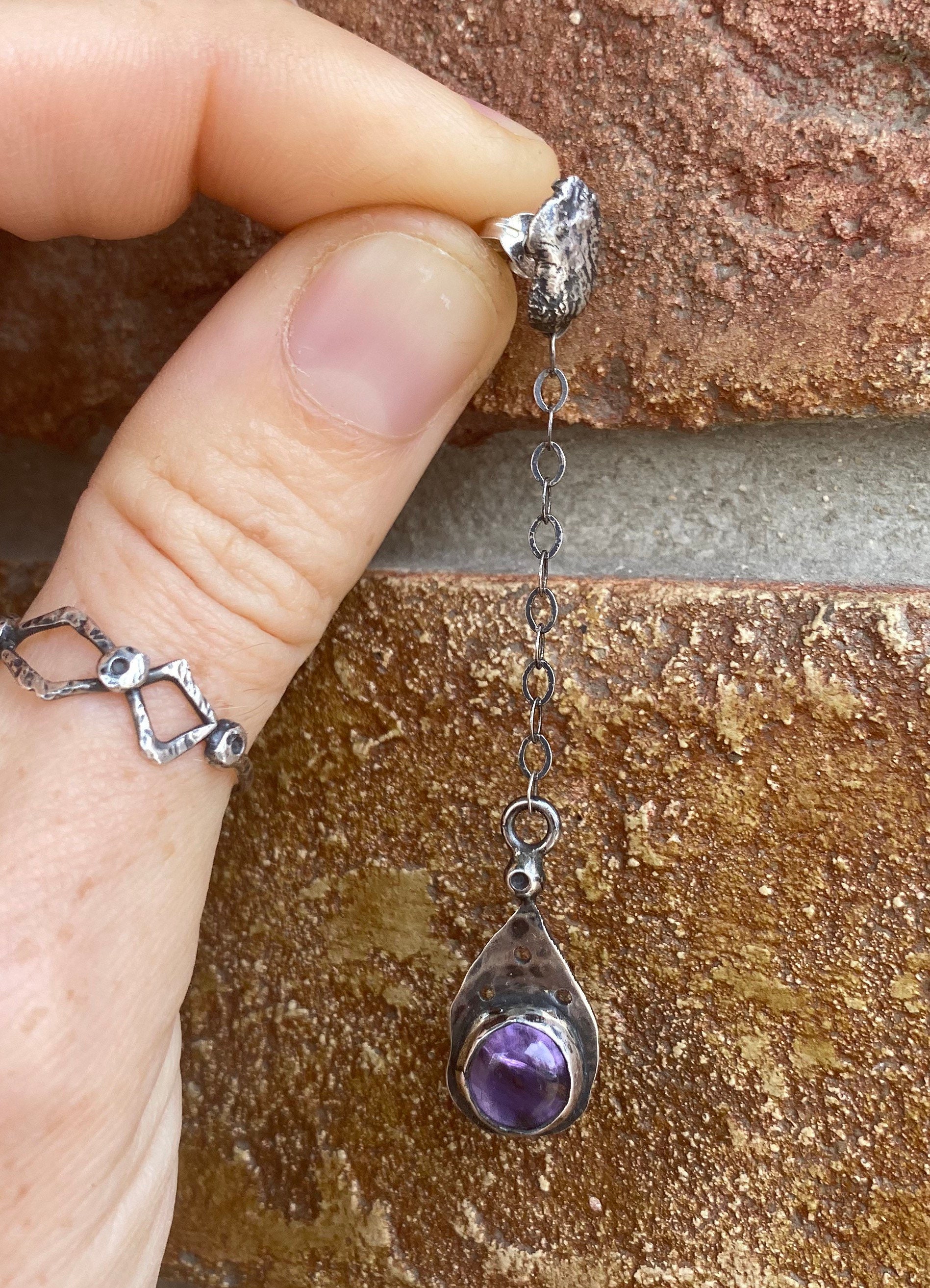 Amethist Teardrop on Chain Single Stud Earring, Spiritual Awakening