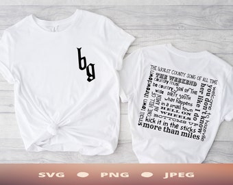May include: Two white t-shirts with black text. The first shirt has the letters "bg" in a gothic font. The second shirt has the text "The Worst County Song of All Time" and other text in a word cloud design.