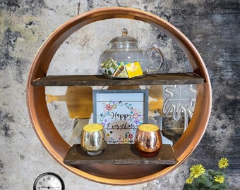 Rustic Industrial Round Metal and Wood Shelf - Round Wall Mounted Display – Hanging Garage Shelf – Vintage Wheel Spacer Wooden Mancave Shelf