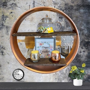 Rustic Industrial Round Metal and Wood Shelf - Round Wall Mounted Display – Hanging Garage Shelf – Vintage Wheel Spacer Wooden Mancave Shelf