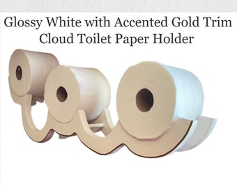 Glossy White Accented with Gold Trim CLOUD SHAPED Toilet Paper HOLDER - Contemporary Wall Mounted or Freestanding Wooden Storage Shelf