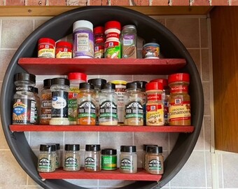 Rustic Industrial Round Metal and Wood Shelf - Round Wall Mounted Display – Hanging Garage Shelf – Vintage Wheel Spacer Wooden Mancave Shelf