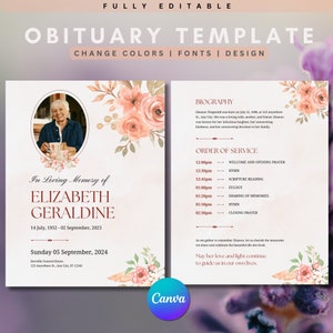 Bewerkbare sjabloon begrafenisprogramma, aanpasbaar herdenkingsprogramma, afdrukbare sjabloon overlijdensbericht, begrafenisbrochure, herdenkingsprogramma