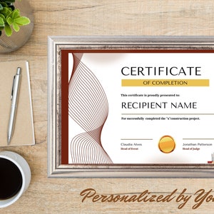 Construction Certificate of Completion, Completion Template, Achievement, Award Certificate, Custom Certification, Digital Download