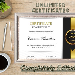 Unlimited Elegant Certificate of Achievement, Editable Gold Award Certificate, Personalized Canva Template, Certificate of Completion