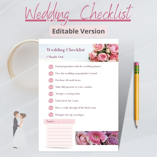 Pink Wedding Checklist Template, Editable Wedding Template, Wedding Event Planner, PDF Wedding Card, Digital Wedding Printable, Wedding Sign