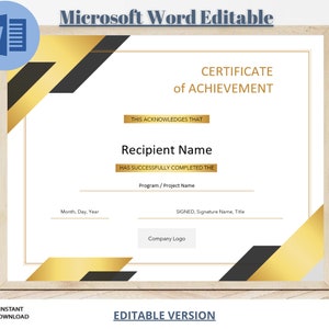 Certificate of Achievement, Custom Template, Microsoft Word Template, Accomplishment Certificate Template