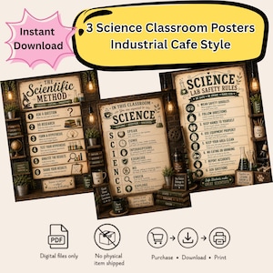Puede incluir: Tres pósteres rectangulares para aulas de ciencias con estética de café industrial, fondos beige y texto oscuro. Los pósteres muestran el método científico, las reglas del aula y las normas de seguridad del laboratorio con iconos.