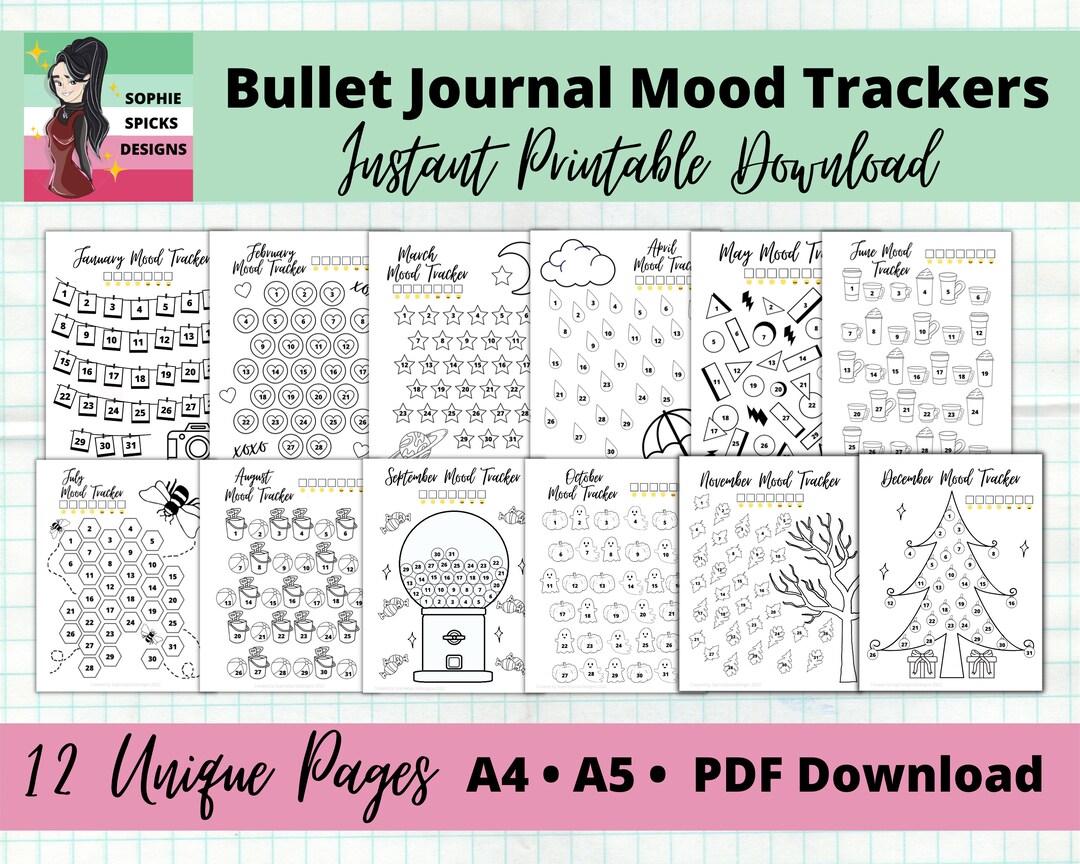 12 Mood Tracker Printable Bullet Journal 2022 | Monthly Bundle A4 A5 ...