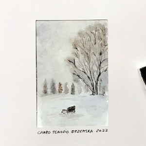 Hiver solitaire, hiver atmosphérique, peinture de cartes d'hiver, neige, hiver mystique, hiver aquarelle, peinture, art minimaliste, arbre d'hiver