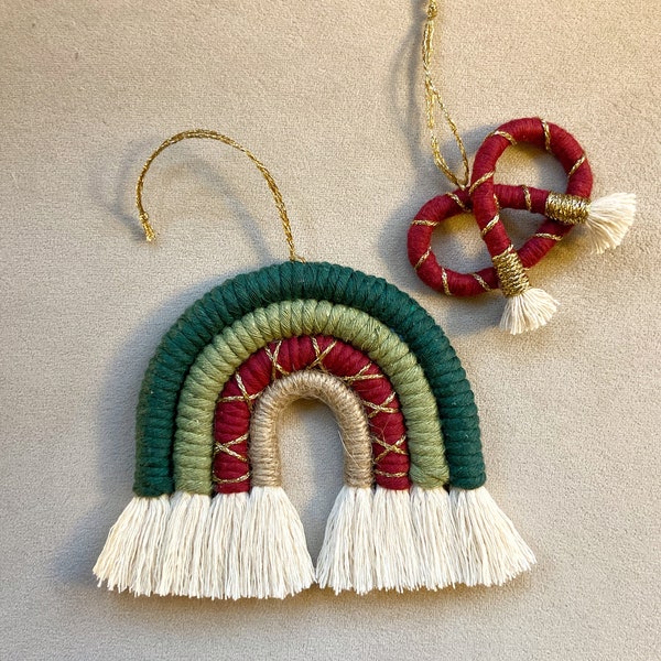 Festive Macrame Rainbow decoration in  Forest green & Cranberry red