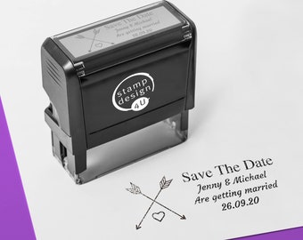 Personalised Rubber Stamp with Wedding Design - Save The Date Arrow and Heart