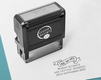 Personalised Rubber Stamp with Wedding Design - Save The Date Banner