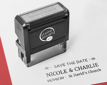 Personalised Rubber Stamp with Wedding Design - Save The Date Arrows