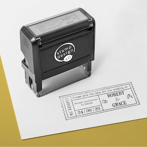 Personalised Rubber Stamp with Wedding Design - Save The Date Ticket Design