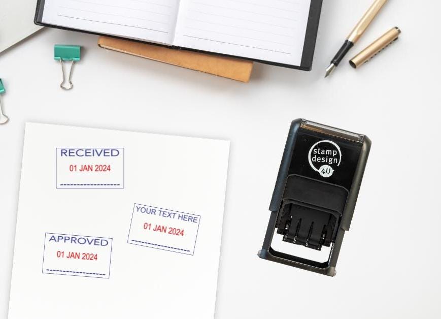 Personalised Custom Text Date Stamp Trodat 4750 Self Inking up to 2 Lines of Text in 6 Choices of Colour