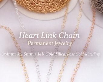 Heart Link Chain | Permanent Jewelry | 3x4mm and 1.5mm | 14K Gold Filled, Rose Gold & Sterling