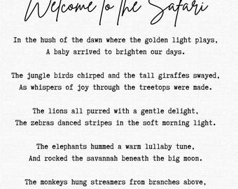 Willkommen zum Safari Kinderzimmer-Gedicht – Safari-Babyzimmer-Wandkunst – A4/A3 oder zum sofortigen Download – anpassbares Gute-Nacht-Gedicht für das neue Baby