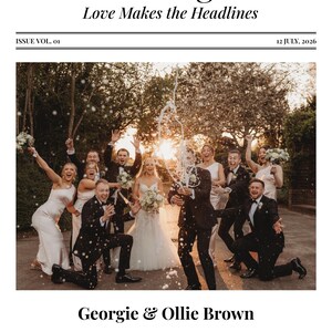 Personalisiertes Hochzeitsmagazin im luxuriösen Zeitungsstil. Personalisieren & bedruckt A4 - Timeline, Dekor, Beschilderung, Tischdekor, Programm Ihres Tages