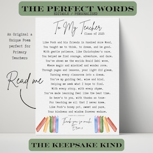 To My Teacher Poem – Editable Digital Download | Primary School Teacher Thank you Gift | Printable Appreciation Poem Teacher INSTANT 2025