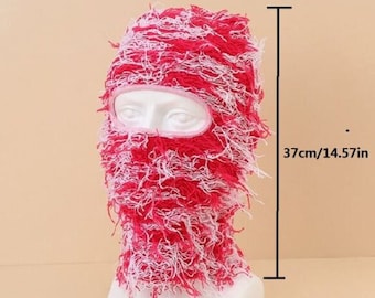 Red and White Distressed Balaclava Ski Mask Cold Proof Fashion Cap