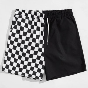 Guys Contrast Checkerboard Black Drawstring Shorts