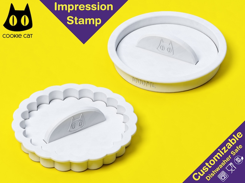 May include: White plastic cookie cutter with a cat design. The cutter has a scalloped edge and a removable handle. The text "Cookie Cat" and "Impression Stamp" are visible in the image.
