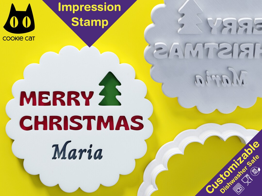Personalized Merry Christmas Cookie Stamp With Christmas Tree Add Your Name or Message Scalloped