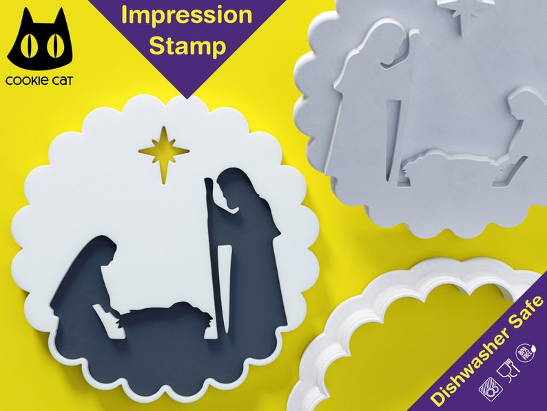 May include: White plastic cookie cutter with a scalloped edge, featuring a silhouette of the nativity scene with Mary, Joseph, and baby Jesus. The cutter is dishwasher safe and has the text "Impression Stamp" and "Dishwasher Safe" on it.
