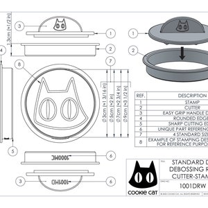 May include: A black and white line drawing of a cat-shaped cookie cutter with the text "Cookie Cat" and "1001DRW" below. The drawing shows the cutter in different sizes and with a stamp.