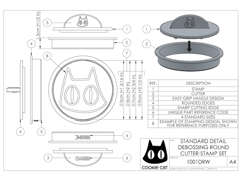 May include: A black and white line drawing of a cat-shaped cookie cutter with the text "Cookie Cat" and "1001DRW" below. The drawing shows the cutter in different sizes and with a stamp.
