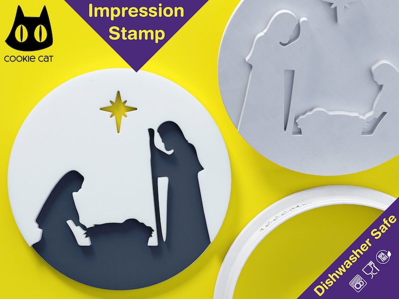 May include: A white plastic cookie cutter in the shape of the nativity scene. The cutter features a star, Mary, Joseph, and the baby Jesus. The cutter is labelled "Impression Stamp" and "Dishwasher Safe".