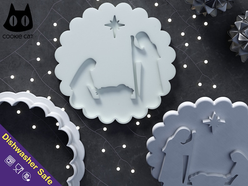 May include: White plastic cookie cutter with a scalloped edge, featuring a nativity scene with Mary, Joseph, and the baby Jesus. The cutter also includes a star above the scene. Dishwasher safe.
