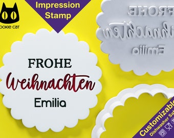 Frohe Weihnachten Custom Cookie Stamp avec nom personnalisé | Conception festonnée ou ronde | Noël allemand | Lave-vaisselle