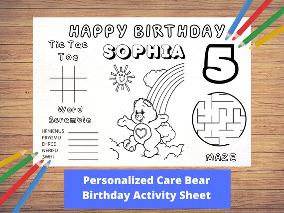 Personalized Printable Care Bear Activity Sheet Party - Etsy