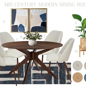 Diseño de comedor moderno de mediados de siglo / Diseño electrónico / Diseño de interiores prediseñado / Servicio de decoración del hogar / Diseño de interiores Descarga de PDF