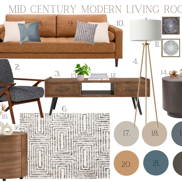 Mid Century Modern Living Room Design | E-Design | Pre-designed Interior Design Package | Home Decor Service | Interior Design PDF Download