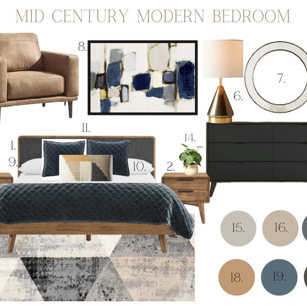 Mid Century Modern Bedroom Design | E-Design | Pre-designed Interior Design  | Home Decor Service | Interior Design PDF Download