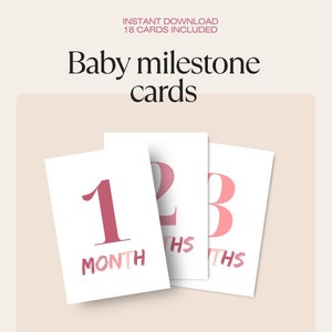 Cartes d'étape bébé arc-en-ciel roses, cartes d'étape mensuelles, souvenirs de bébé, lot de 18 cartes, cadeau de baby shower, téléchargement immédiat, bébé garçon