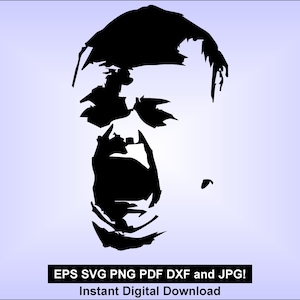 Puede incluir: Silueta en blanco y negro de un rostro con la boca abierta en un grito. La imagen es una descarga digital e incluye los formatos de archivo EPS, SVG, PNG, PDF, DXF y JPG.