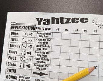 Cartes de score imprimables Yahtzee - Feuilles de score Yahtzee - Yahtzee Score Pad - Imprimez votre propre jeu de dés